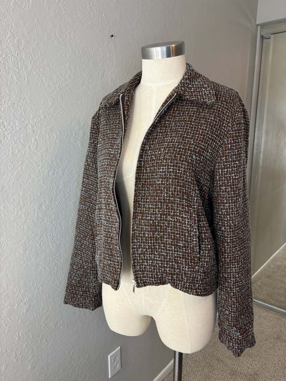 Old Navy Women's Brown and Blue Tweed Zip-Up Jacket